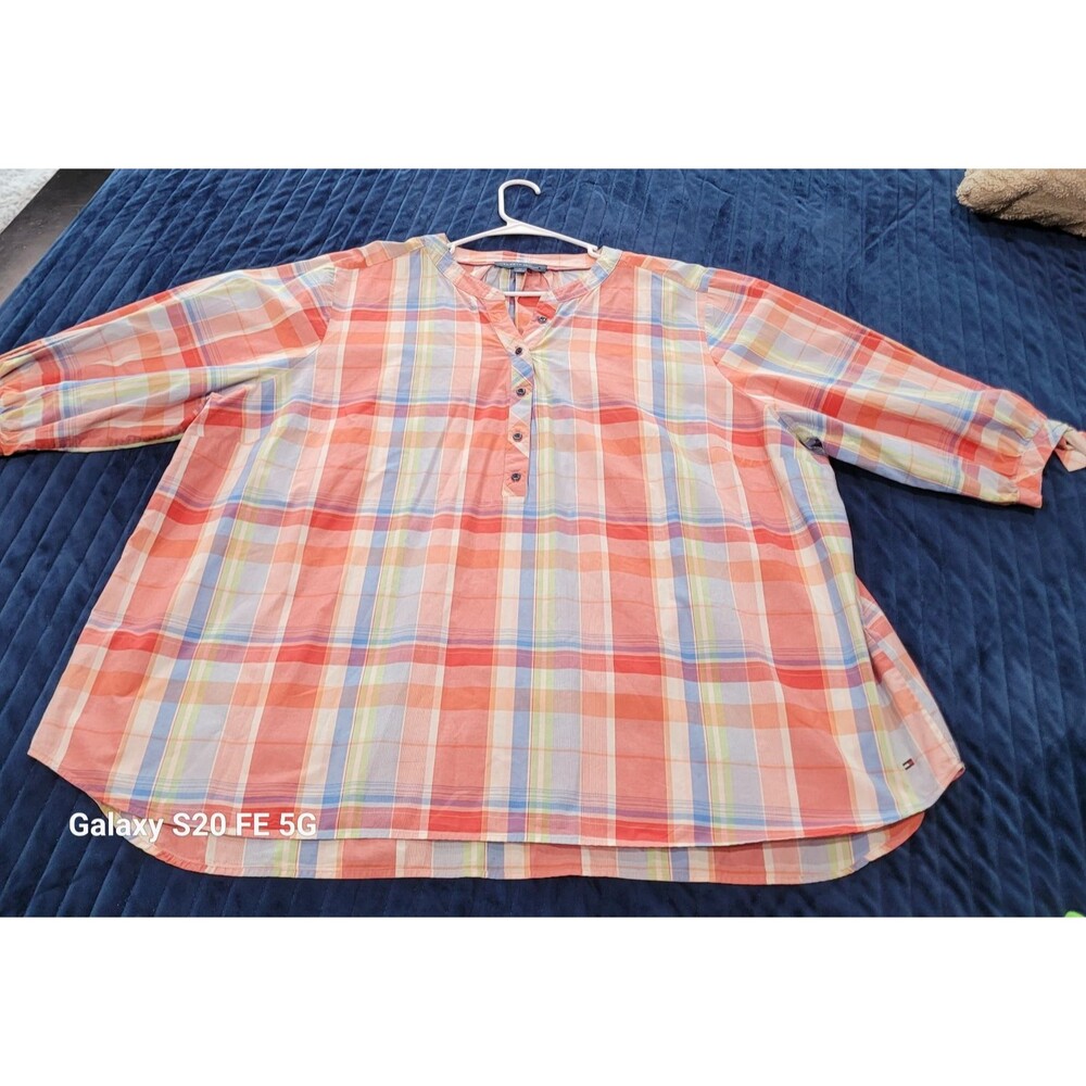 Women's 3X Tommy Hilfiger tie half sleeve top Multi color plaid print B27